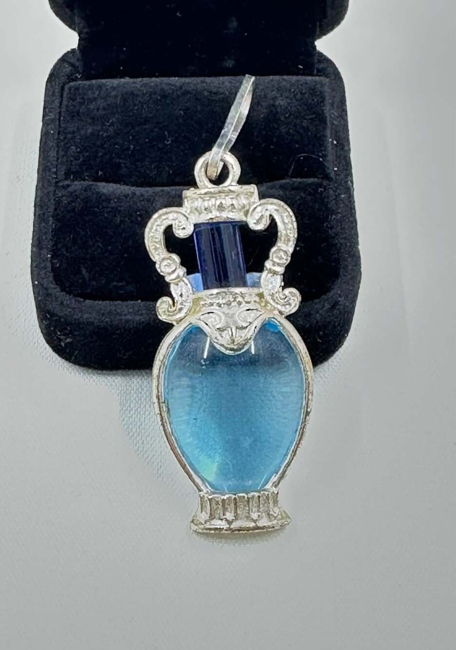 Blue Glass Perfume Bottle Pendant Charm Ornate Silver-Tone Filigree